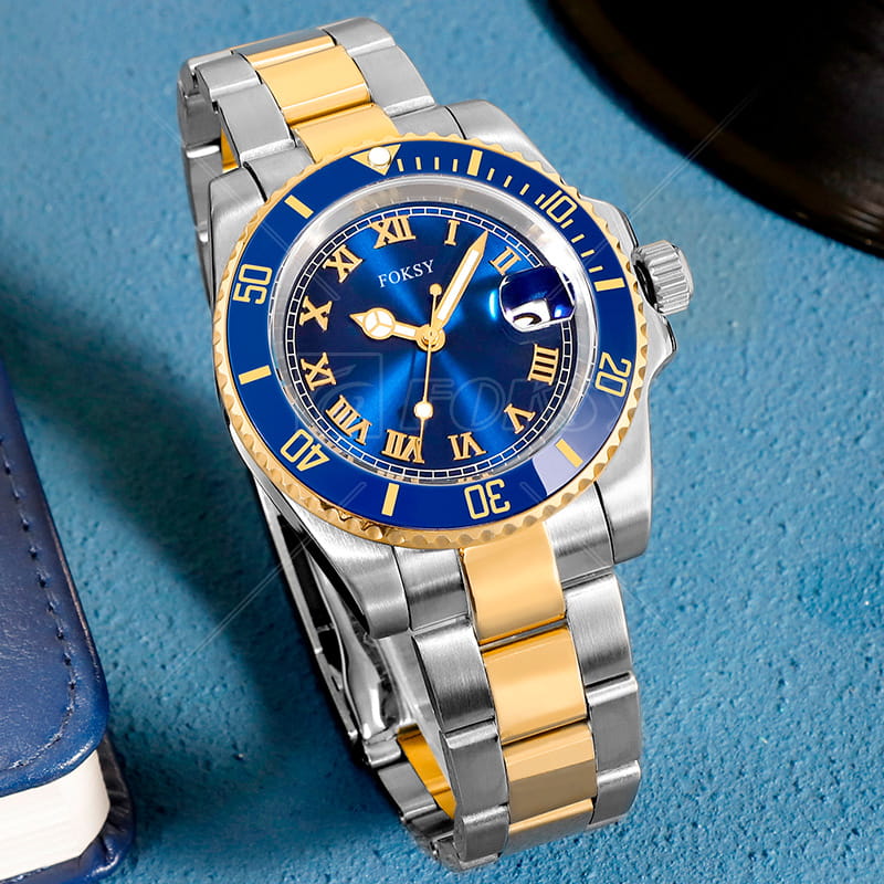blue dial stainless steel watch