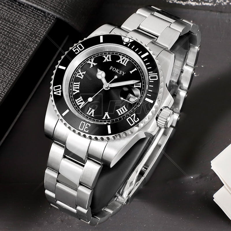 black dial stainless steel watch