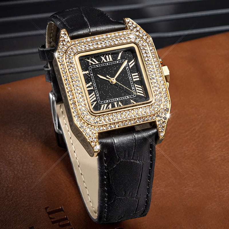 Custom 34.2mm Square Luxury Crystal Diamond Ins Women Leather Strap Quartz Watch