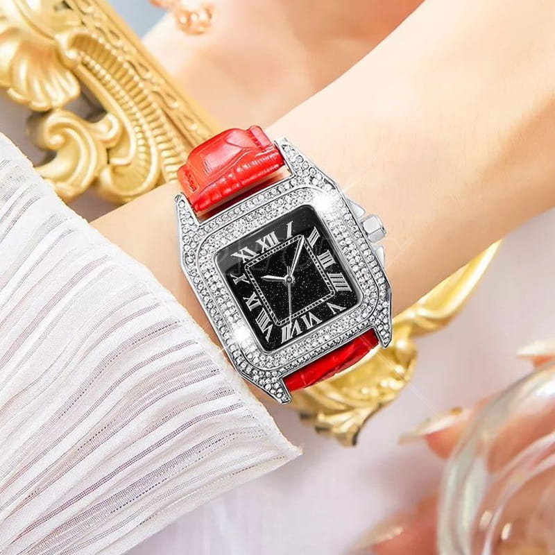 Custom 34.2mm Square Luxury Crystal Diamond Ins woman Leather Strap Quartz Watch