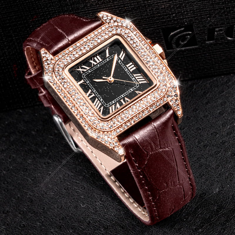 Custom 34.2mm Square Luxury Crystal Diamond Ins woman Leather Strap Quartz Watch