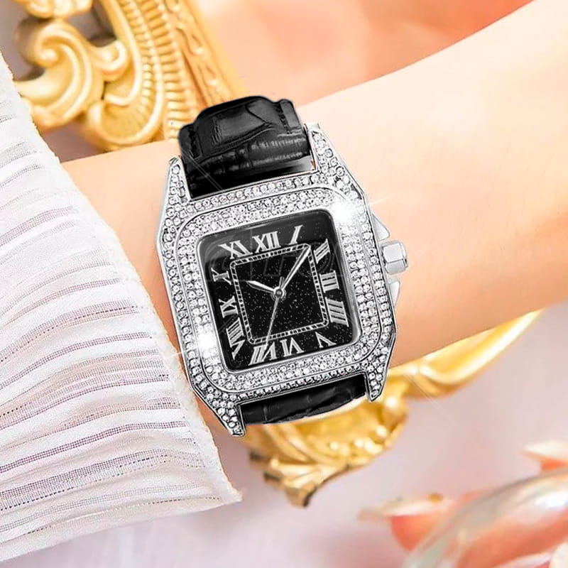 Custom 34.2mm Square Luxury Crystal Diamond Ins woman Leather Strap Quartz Watch