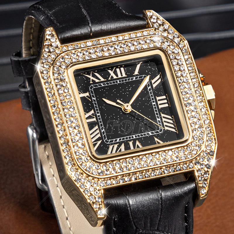 Custom 34.2mm Square Luxury Crystal Diamond Ins woman Leather Strap Quartz Watch