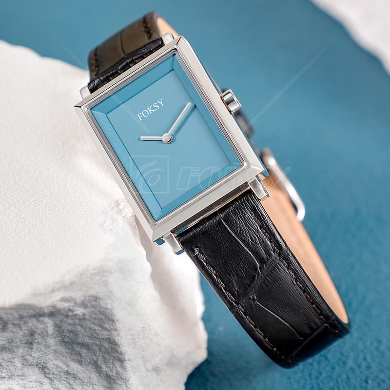 Custom Square Leather Strap Stainless Steel Case Ladies Quartz Watch Factory