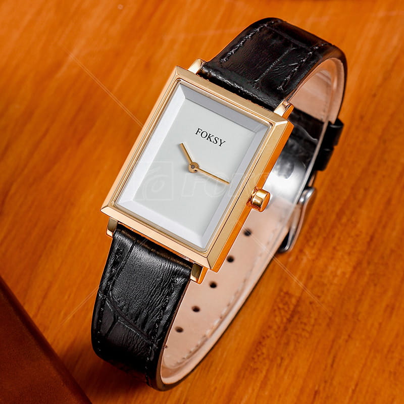 Custom Square Leather Strap Stainless Steel Case Ladies Quartz Watch Factory