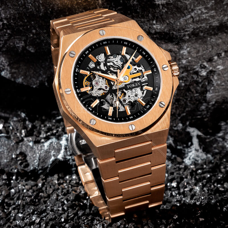 Custom Prague Skeleton Automatic Luxury Watch, Gold-plated Stainless Steel Satin Automatic Men Watch