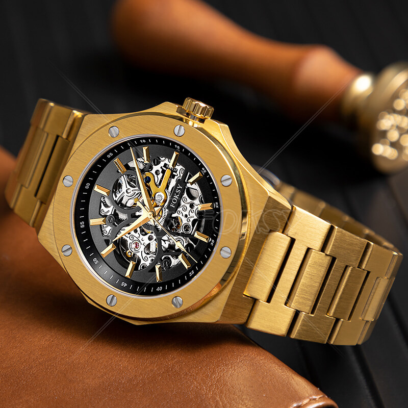 Custom Prague Skeleton Automatic Luxury Watch, Gold-plated Stainless Steel Satin Automatic Men Watch