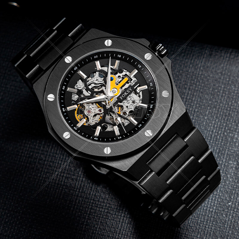 Custom Prague Skeleton Automatic Luxury Watch, Gold-plated Stainless Steel Satin Automatic Men Watch
