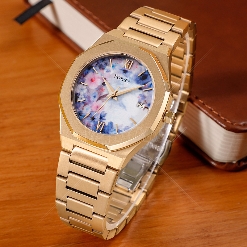 Custom Popular Stainless Steel Floral Dial Men woman Quartz Watch Factory