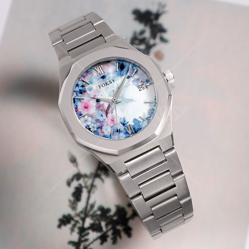 Custom Popular Stainless Steel Floral Dial Men woman Quartz Watch Factory