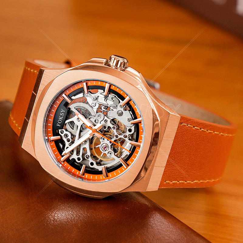 Custom Logo Stainless Steel Luxury Leather Strap Mechanical Automatic Skeleton Men Watch for Men