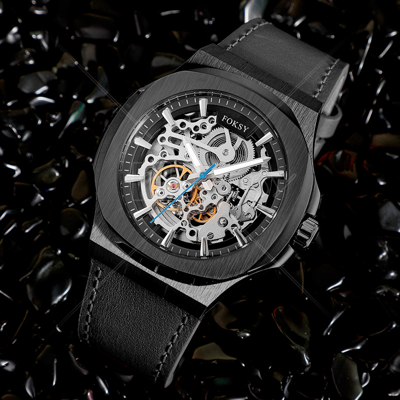 Custom Logo Stainless Steel Luxury Leather Strap Mechanical Automatic Skeleton Men Watch for Men