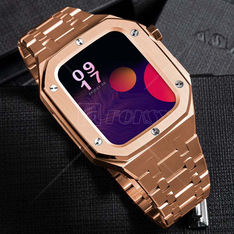 Gold New Premium Metal 40 41 44 47mm Smart Premium Luxury Watch Case and Stainless Steel Strap for Apple Series 6/7/8