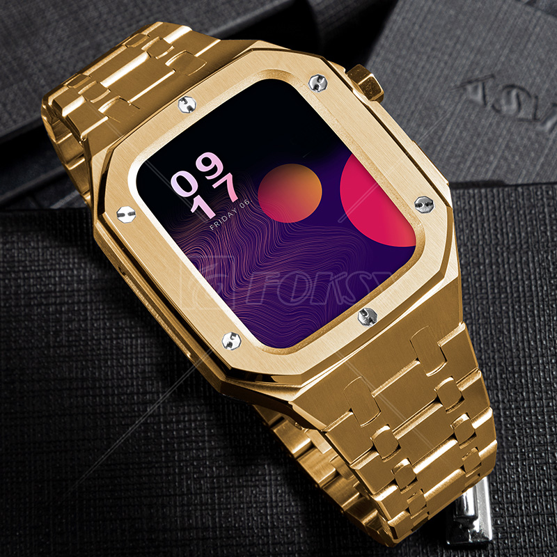 Gold New Premium Metal 40 41 44 47mm Smart Premium Luxury Watch Case and Stainless Steel Strap for Apple Series 6/7/8