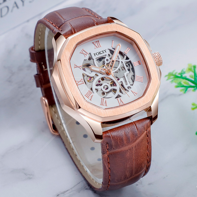Alloy Leather Green Square Shaped Face Design Ladies Luxury Automatic Watch for Women