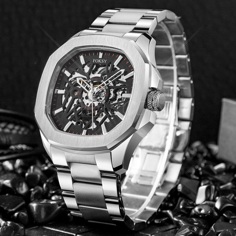 Wholesale OEM ODM Stainless Steel Custom Brand Logo Wrist Luxury Men Square Skeleton Mechanical Watches Automatic for Men