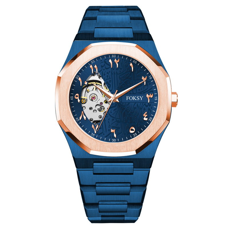 Foksy Wholesale Partial Dial skeleton mechanical watch Fashion Arabic Dial Wristwatches Waterproof Watches for Men