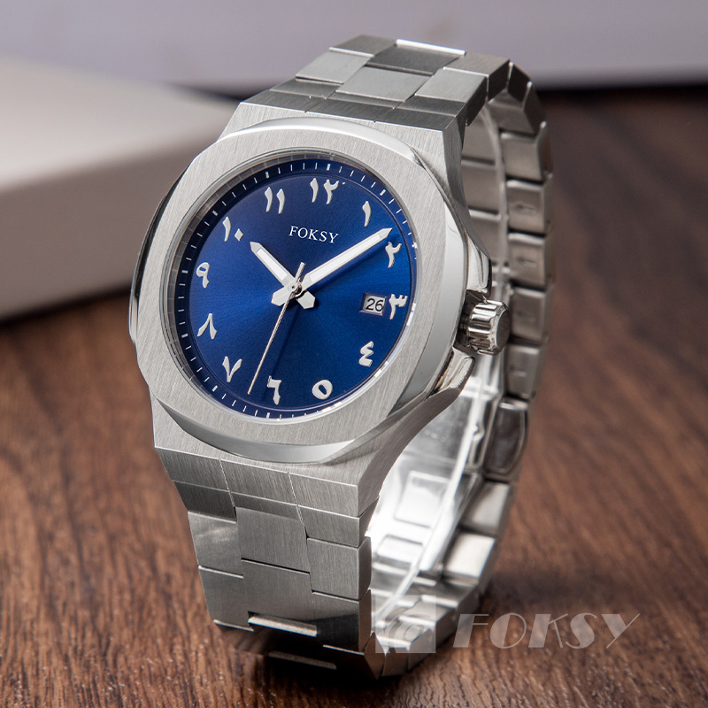 Foksy Wholesale Luxury Japan Movement Men Wrist Watch Stainless Steel Strap With Calendar Custom Logo Arabic Watch