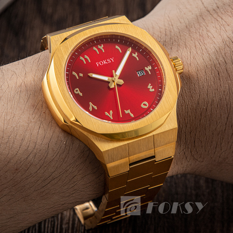 Foksy Wholesale Luxury Japan Movement Men Wrist Watch Stainless Steel Strap With Calendar Custom Logo Arabic Watch