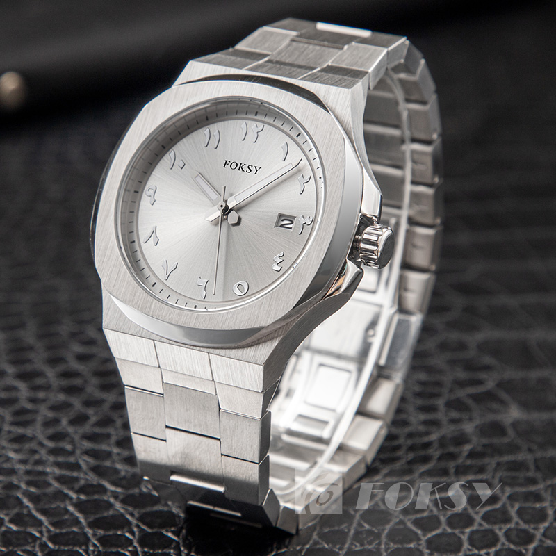 Foksy Wholesale Luxury Japan Movement Men Wrist Watch Stainless Steel Strap With Calendar Custom Logo Arabic Watch
