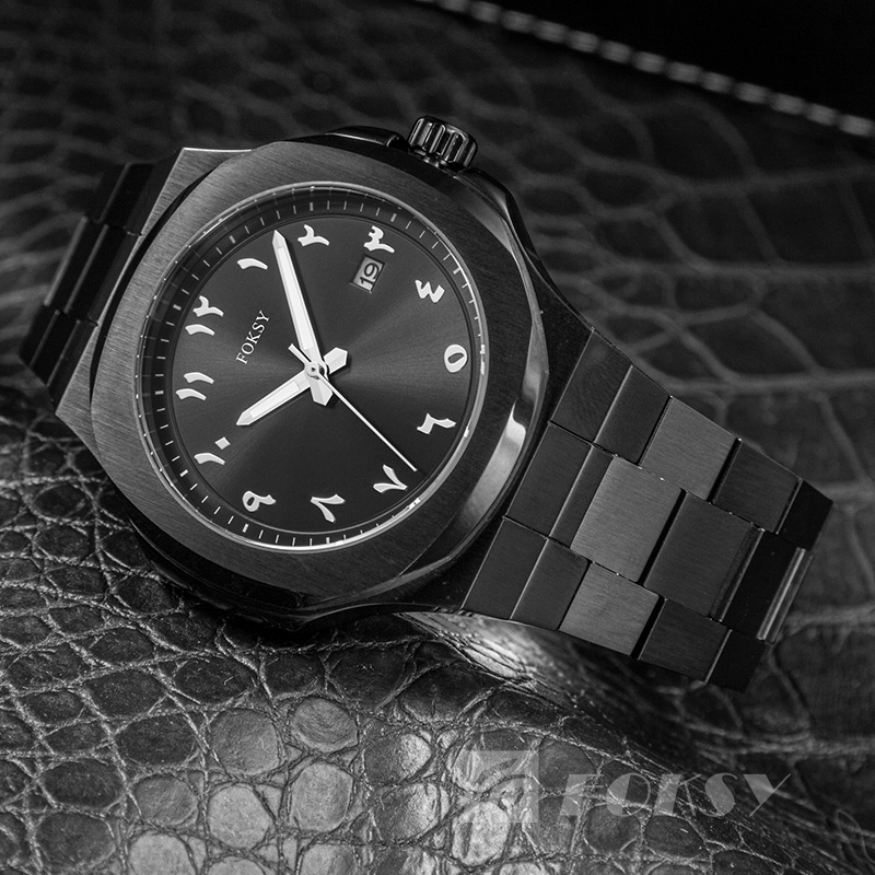 Foksy Wholesale Luxury Japan Movement Men Wrist Watch Stainless Steel Strap With Calendar Custom Logo Arabic Watch