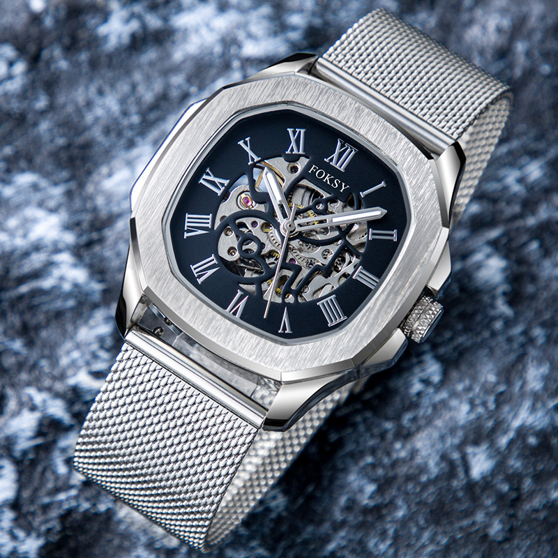 Foksy Wholesale Men's Watch Luxury Mechanical  Watch Automatic Movement Custom Logo Stainless Steel Silicone Strap For Men