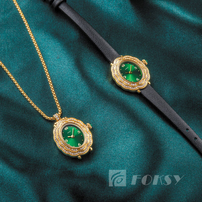 Custom Women Quartz Watch Diamond-Encrusted Oval Dial Leather/Stainless Steel Strap 3ATM Necklace Watch Set 675-7-1001