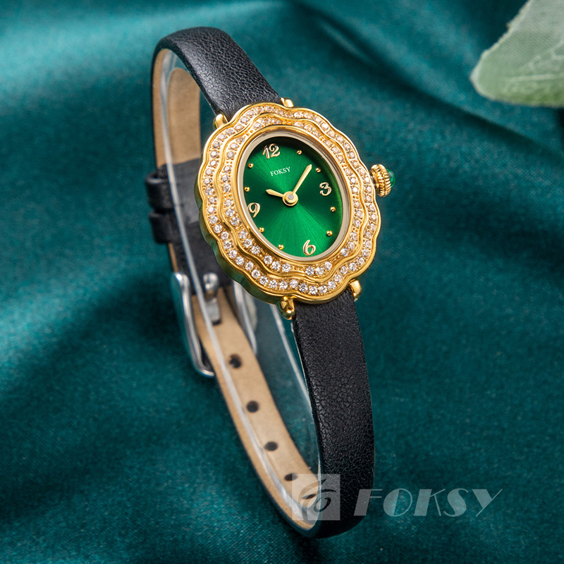 Custom Women Quartz Watch Diamond-Encrusted Oval Dial Leather/Stainless Steel Strap 3ATM Necklace Watch Set 675-7-1001