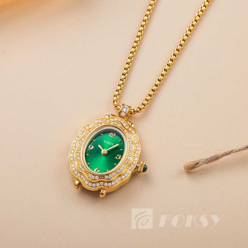 Custom Women Quartz Watch Diamond-Encrusted Oval Dial Leather/Stainless Steel Strap 3ATM Necklace Watch Set 675-7-1001