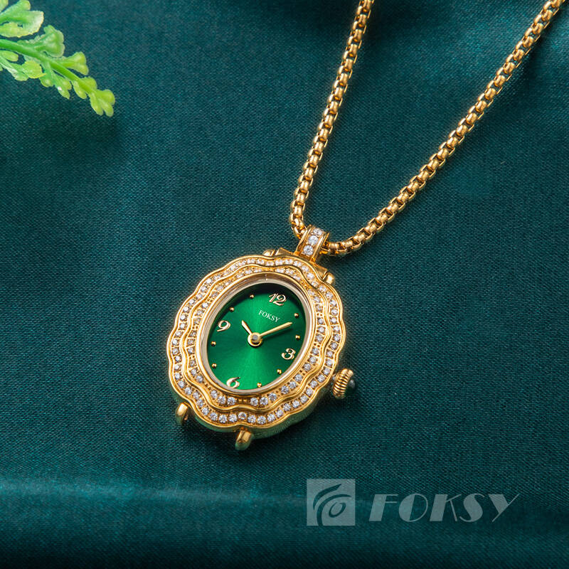 Custom Women Quartz Watch Diamond-Encrusted Oval Dial Leather/Stainless Steel Strap 3ATM Necklace Watch Set 675-7-1001