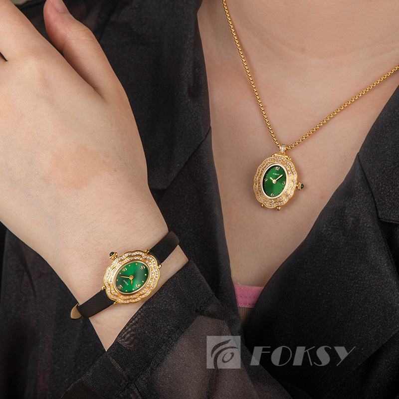 Custom Women Quartz Watch Diamond-Encrusted Oval Dial Leather/Stainless Steel Strap 3ATM Necklace Watch Set 675-7-1001