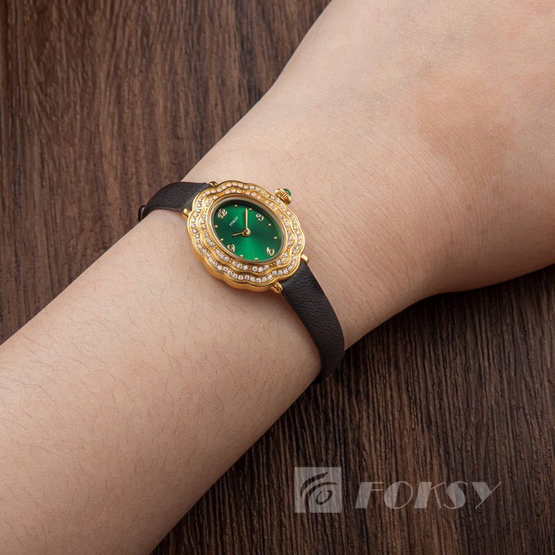 Custom Women Quartz Watch Diamond-Encrusted Oval Dial Leather/Stainless Steel Strap 3ATM Necklace Watch Set 675-7-1001