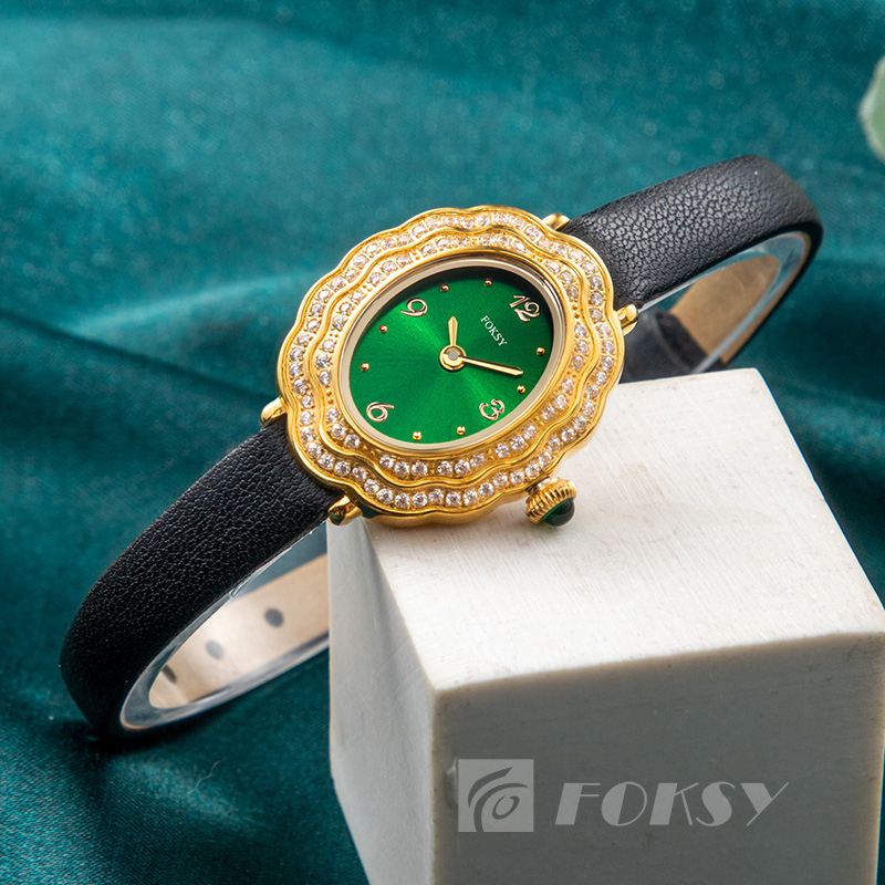 Custom Women Quartz Watch Diamond-Encrusted Oval Dial Leather/Stainless Steel Strap 3ATM Necklace Watch Set 675-7-1001