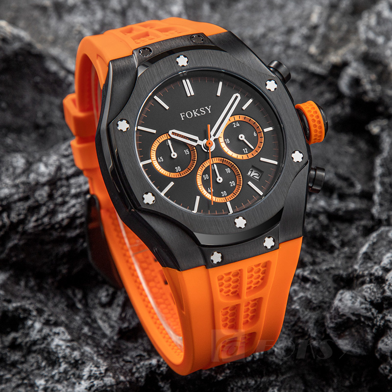 Custom Men Watch Quartz Watch Stainless Steel Chronograph Silicone Strap 5ATM 613-7-1005