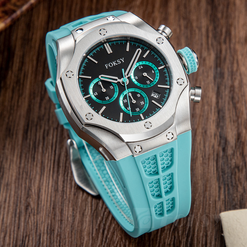 Custom Men Watch Quartz Watch Stainless Steel Chronograph Silicone Strap 5ATM 613-7-1005