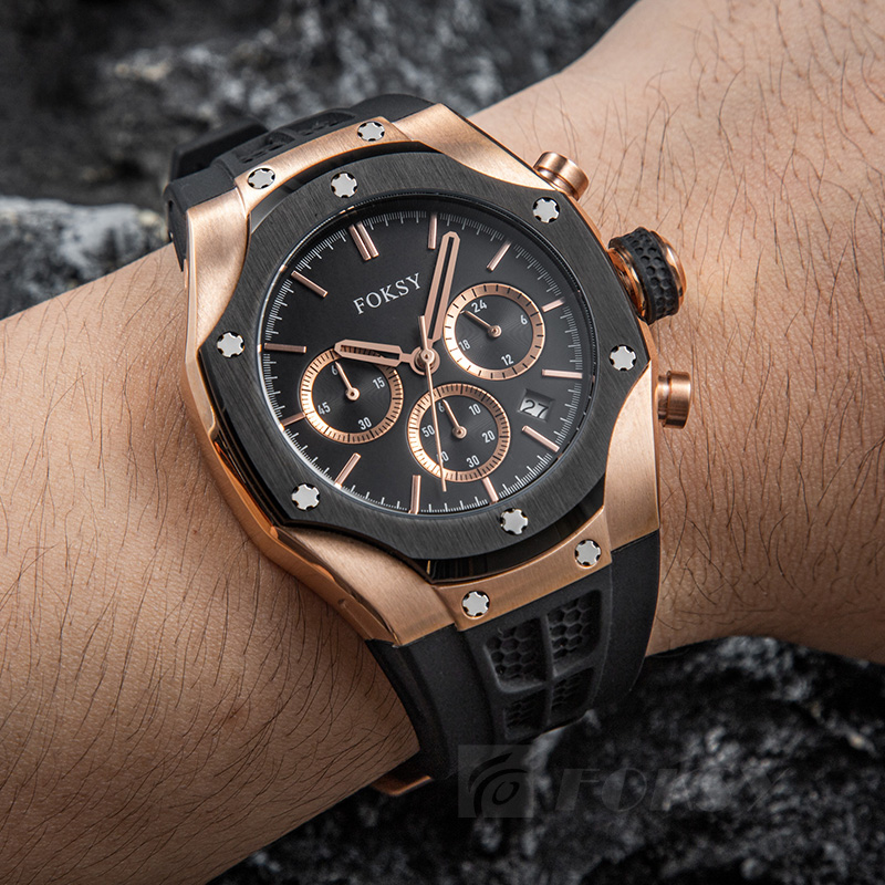 Custom Men Watch Quartz Watch Stainless Steel Chronograph Silicone Strap 5ATM 613-7-1005