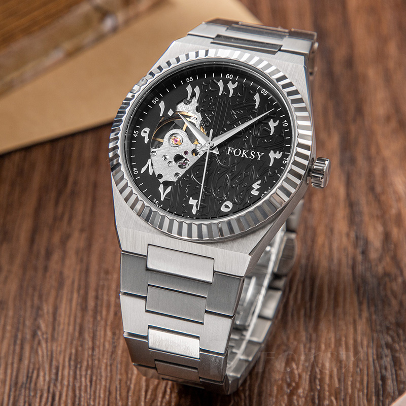 Custom Men Watch Automatic Watch Stainless Steel 5ATM Leisure Fashion Skeleton Dial Calendar Watch 644-6-1010