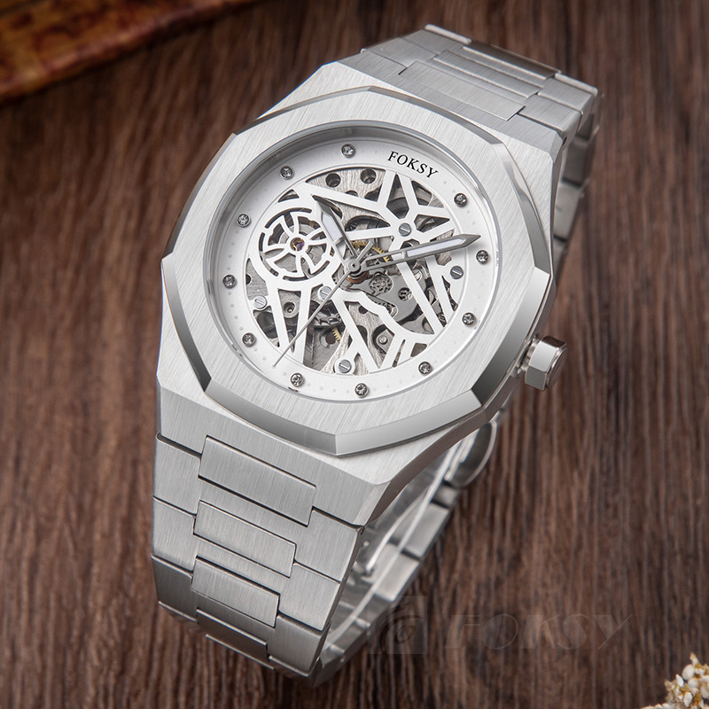 Custom Men Watch Automatic Watch Stainless Steel Silicone 5ATM Luminous Skeleton Watch 256-6-1037