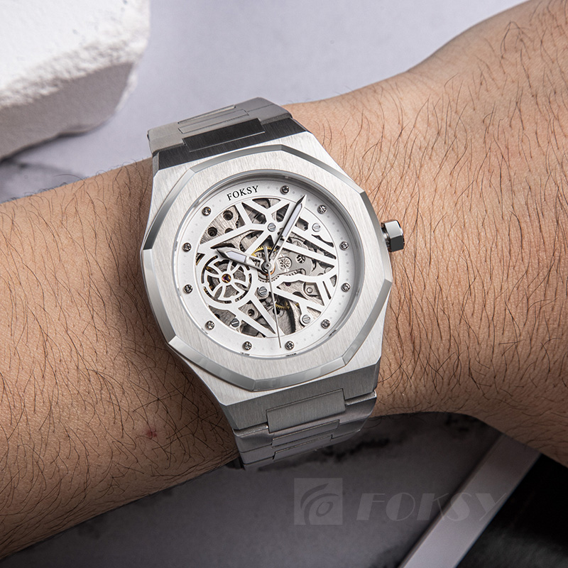 Custom Men Watch Automatic Watch Stainless Steel Silicone 5ATM Luminous Skeleton Watch 256-6-1037