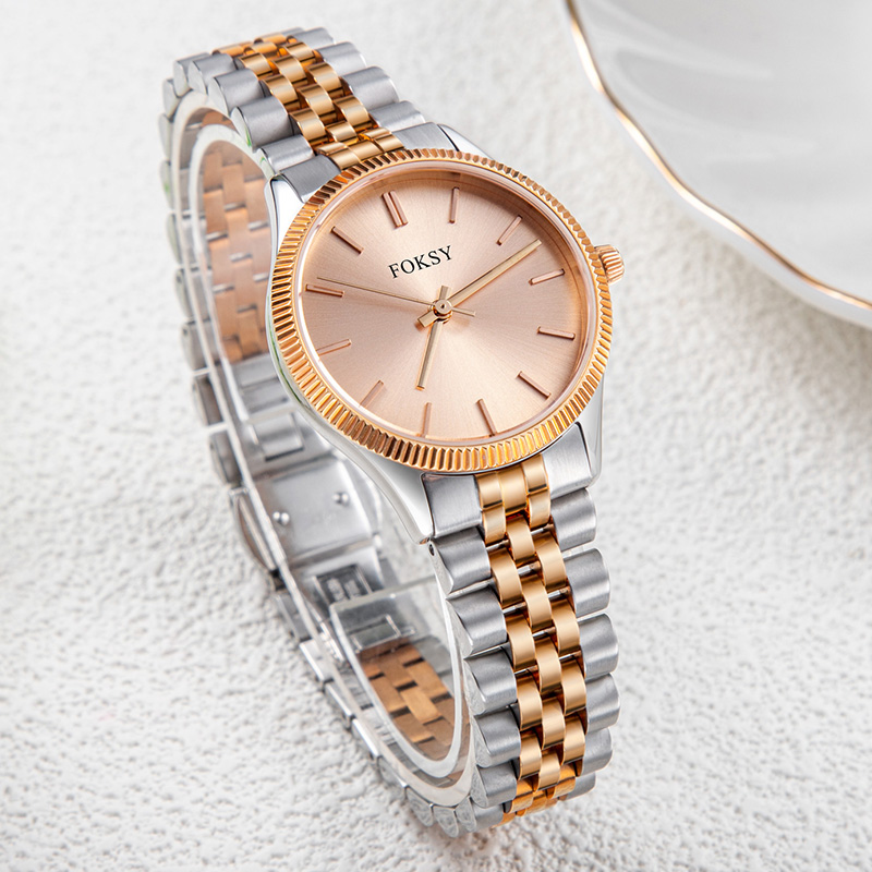 Women Watch Quartz Watch Stainless Steel Luxury 5ATM Waterproof Leisure Fashion Fluted Bezel Watch 205-7-1002