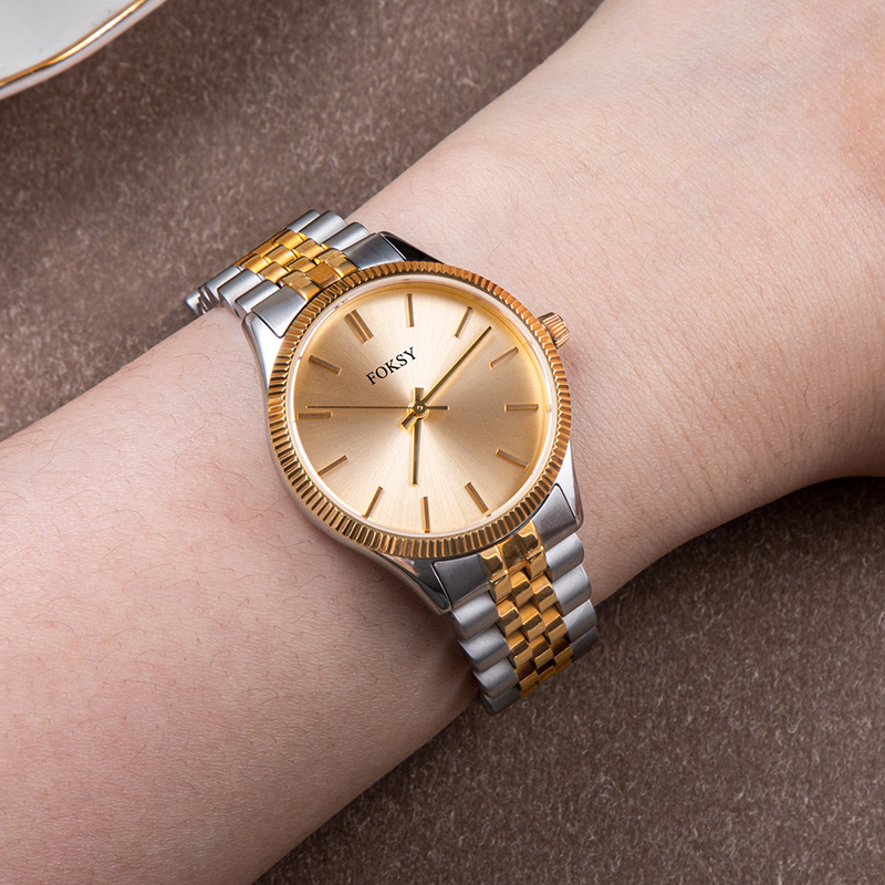 Women Watch Quartz Watch Stainless Steel Luxury 5ATM Waterproof Leisure Fashion Fluted Bezel Watch 205-7-1002