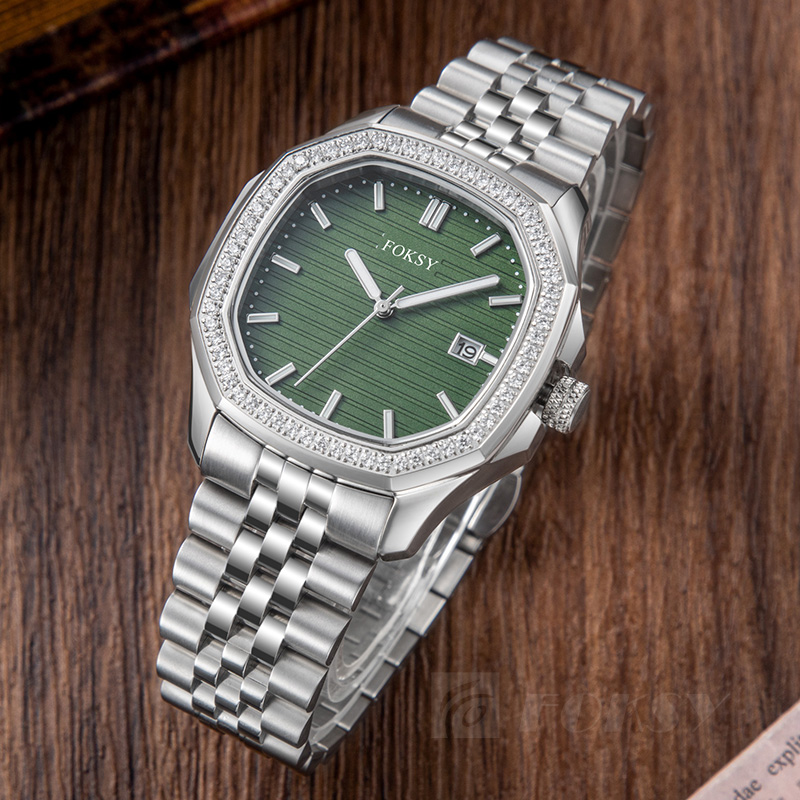 Custom Men Watch Quartz Watch Stainless Steel Diamond Bezel 5ATM Waterproof Luminous Date Luxury Business 573-7-1001