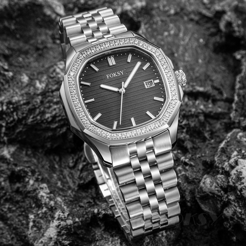 Custom Men Watch Quartz Watch Stainless Steel Diamond Bezel 5ATM Waterproof Luminous Date Luxury Business 573-7-1001