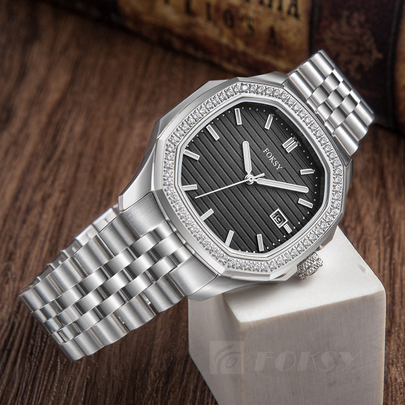 Custom Men Watch Quartz Watch Stainless Steel Diamond Bezel 5ATM Waterproof Luminous Date Luxury Business 573-7-1001