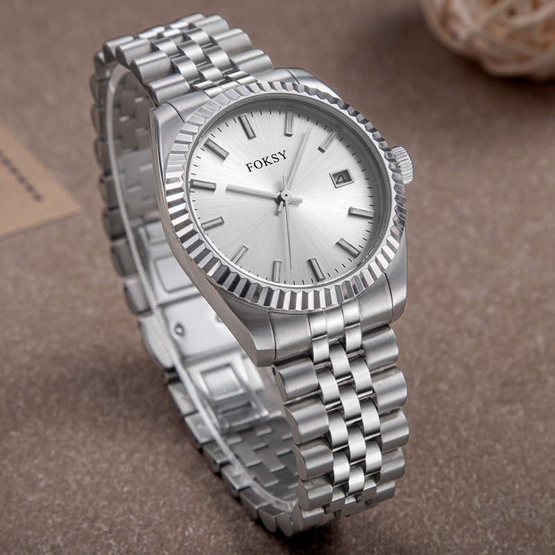 Custom Women Watch Quartz Watch Stainless Steel Fluted Bezel 5ATM Waterproof Date Display Fashion Leisure 582-7-1048