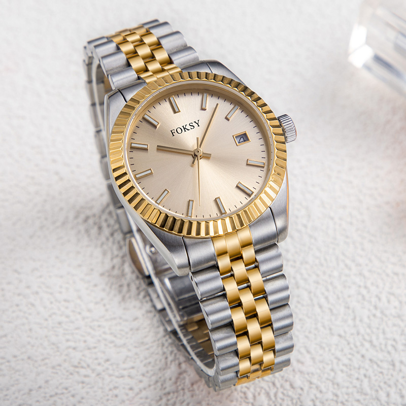 Custom Women Watch Quartz Watch Stainless Steel Fluted Bezel 5ATM Waterproof Date Display Fashion Leisure 582-7-1048