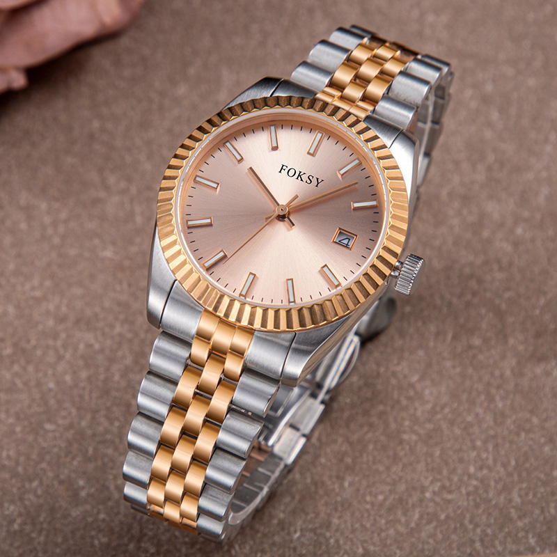 Custom Women Watch Quartz Watch Stainless Steel Fluted Bezel 5ATM Waterproof Date Display Fashion Leisure 582-7-1048