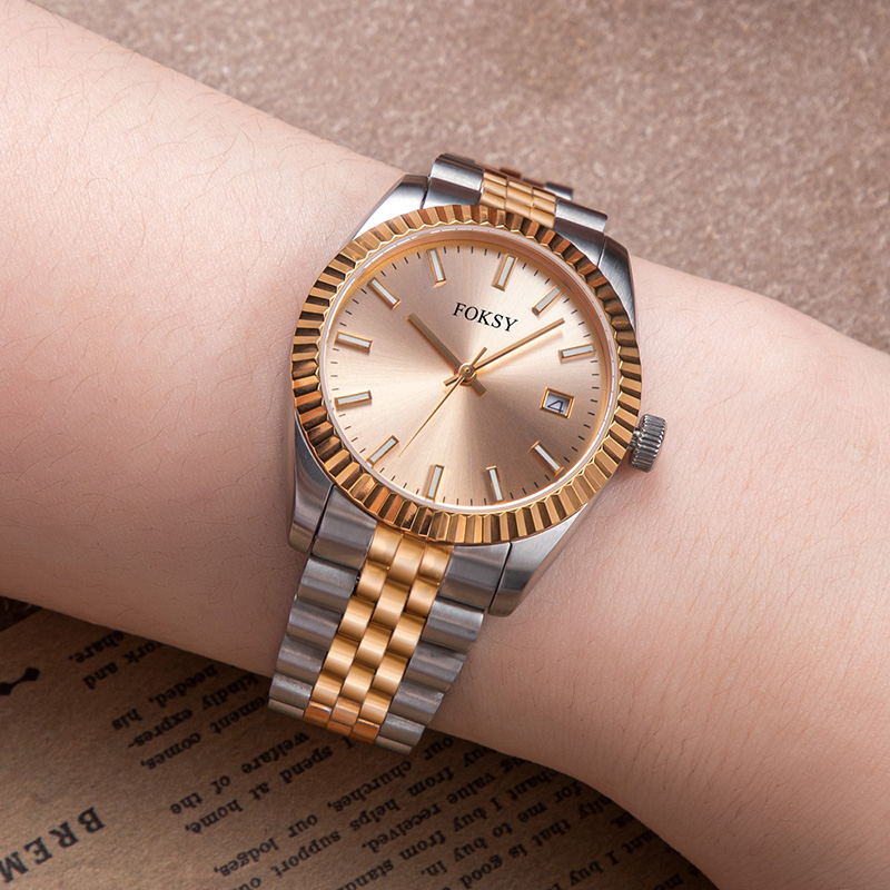 Custom Women Watch Quartz Watch Stainless Steel Fluted Bezel 5ATM Waterproof Date Display Fashion Leisure 582-7-1048