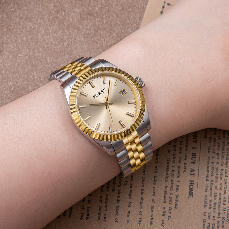 Custom Women Watch Quartz Watch Stainless Steel Fluted Bezel 5ATM Waterproof Date Display Fashion Leisure 582-7-1048