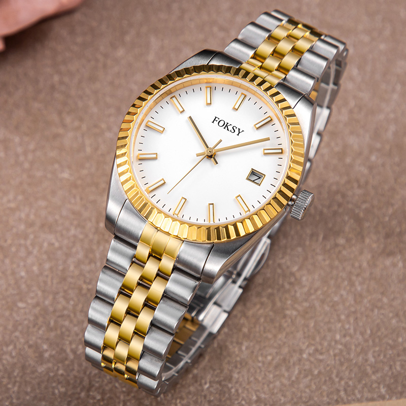 Custom Women Watch Quartz Watch Stainless Steel Fluted Bezel 5ATM Waterproof Date Display Fashion Leisure 582-7-1049